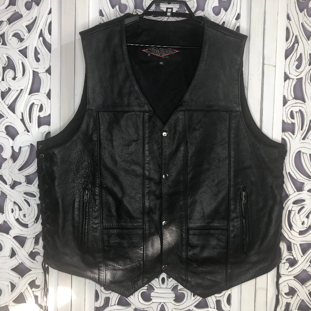 Street & Steel 2nd Amendment Black Leather Motorcycle Vest Side Lacing Men's 3xl